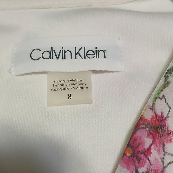 Calvin Klein Floral Dress Ruffle Sleeve V Neck Sheer White Pink‎ Orange S - Picture 6 of 9